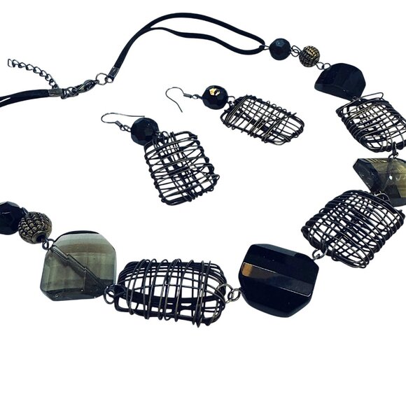Vintage Costume Jewelry Set Wire and Glass Necklace Choker and Pierced Earrings - Picture 4 of 5